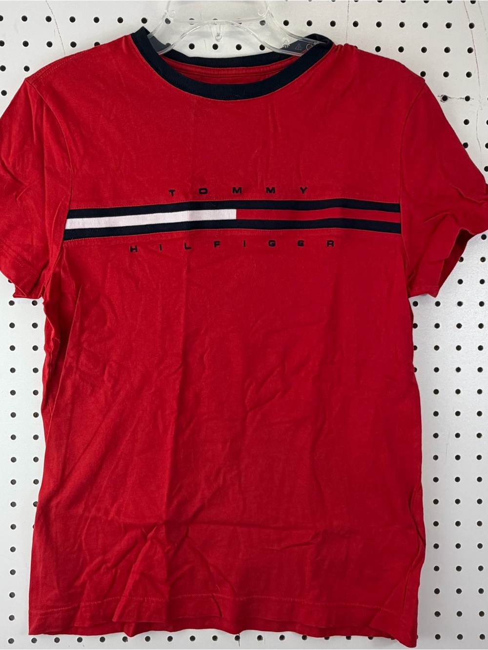 Tommy Hilfiger Men’s Red Short Sleeve Crewneck with Striped Logo